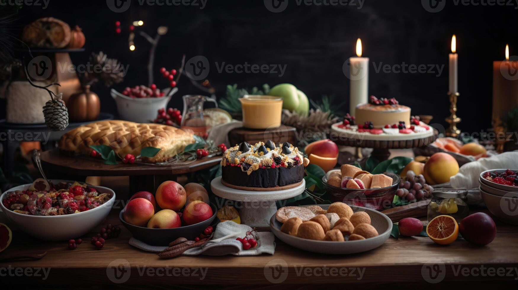 famille avoir une fête dîner dans fête avec vin, Champagne sur joyeux Noël veille sur vacances à maison. rôti action de grâces dinde avec côté vaisselle.action de grâces fête, génératif ai photo