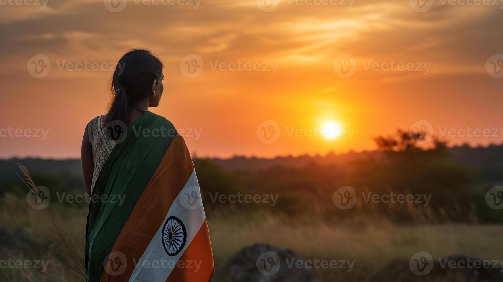 femme en portant Indien drapeau et à la recherche à coucher de soleil, génératif ai photo