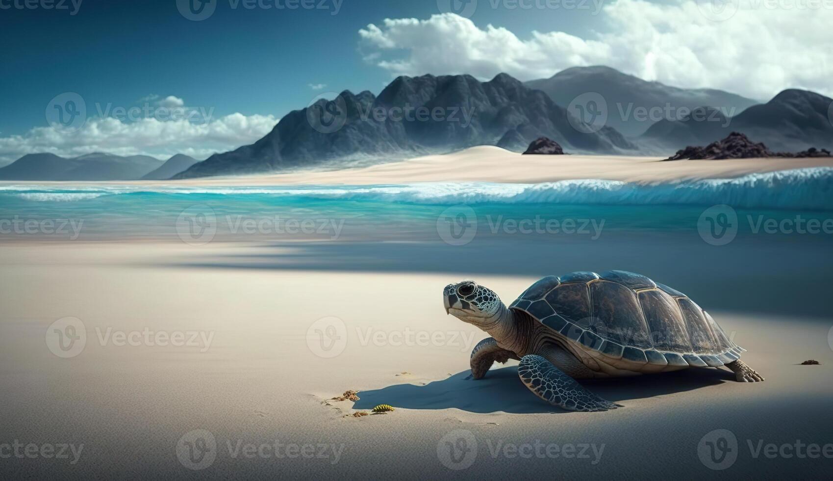 une mer tortue rampant sur le sablonneux plage avec une Montagne dans le Contexte. ai généré. photo