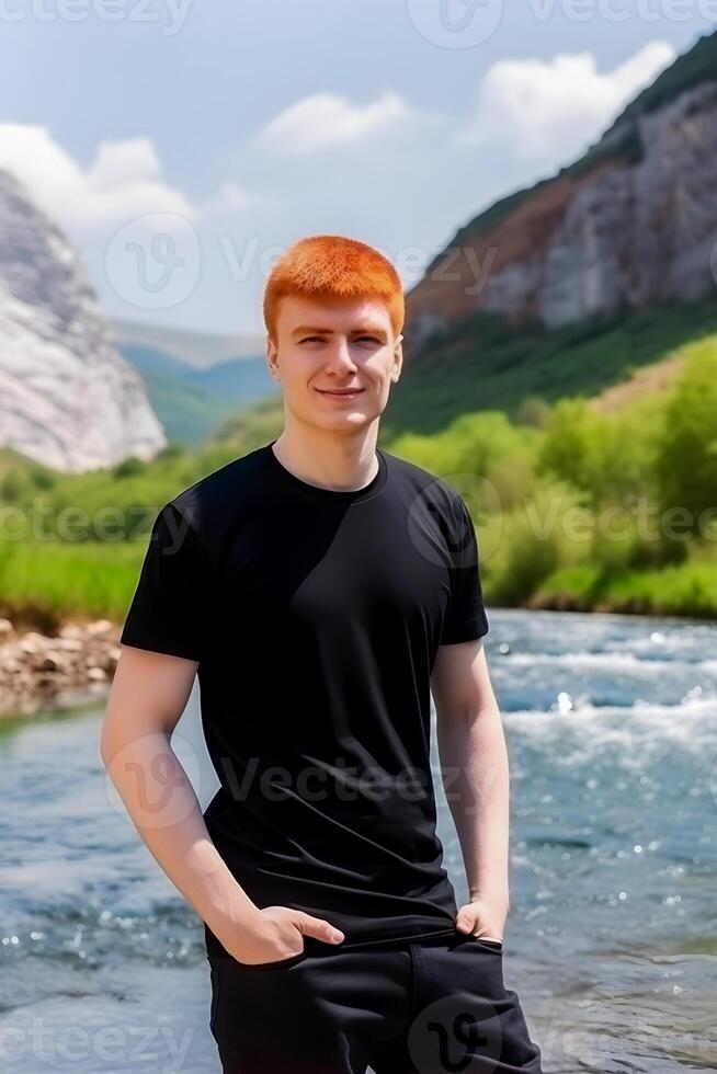 génératif ai contenu, mokkap, une homme avec rouge cheveux dans une noir T-shirt sur le Contexte de la nature. endroit pour conception. photo