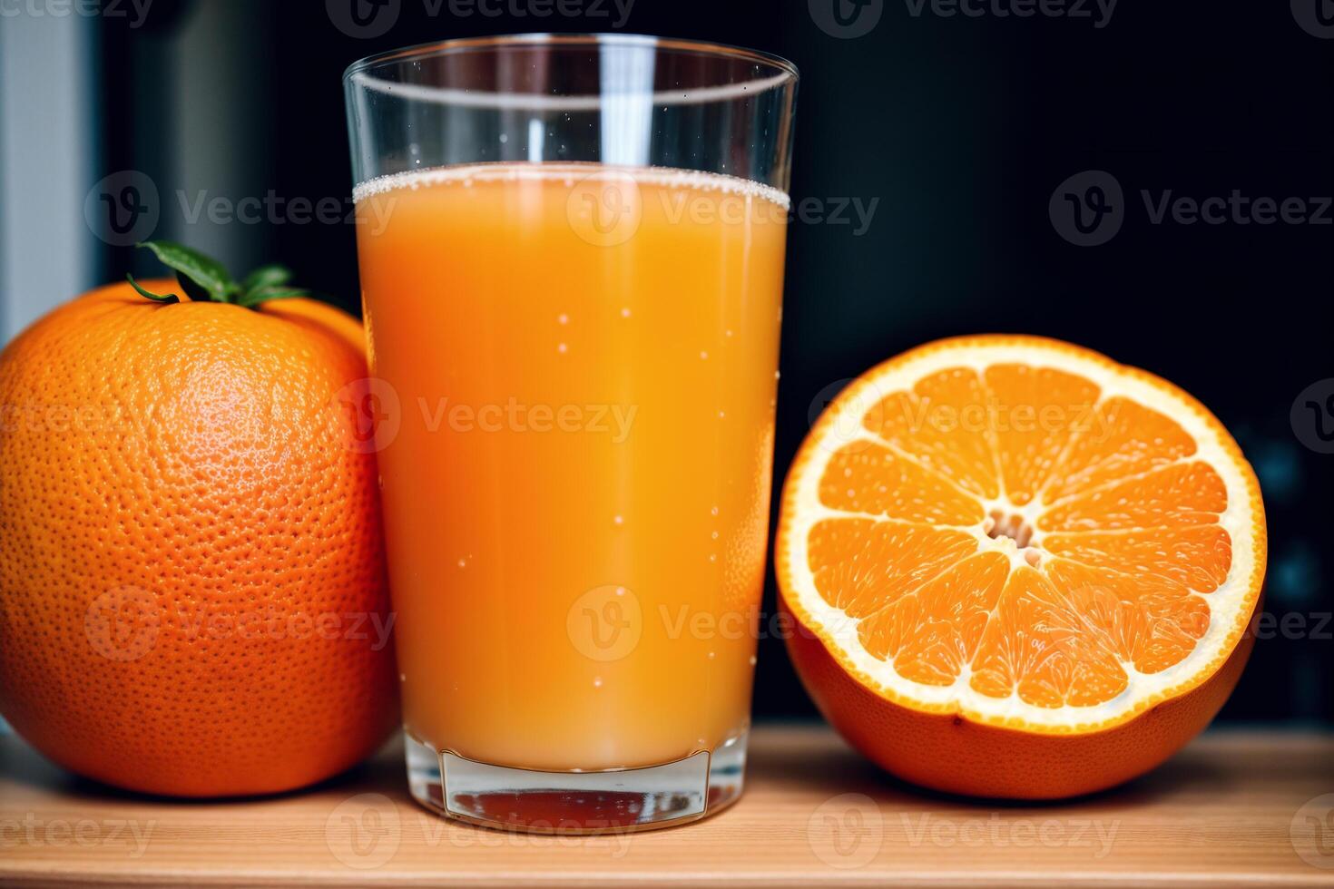 fraîchement pressé Orange jus dans une verre sur en bois tableau, fermer. en bonne santé nourriture concept. génératif ai photo