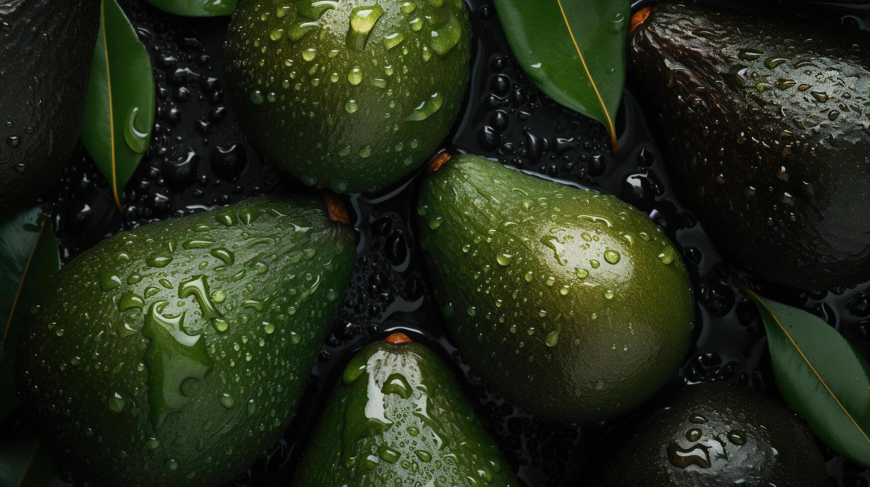 génératif ai, macro Frais juteux moitié et entier de vert Avocat fruit Contexte comme modèle. fermer photo avec gouttes de l'eau