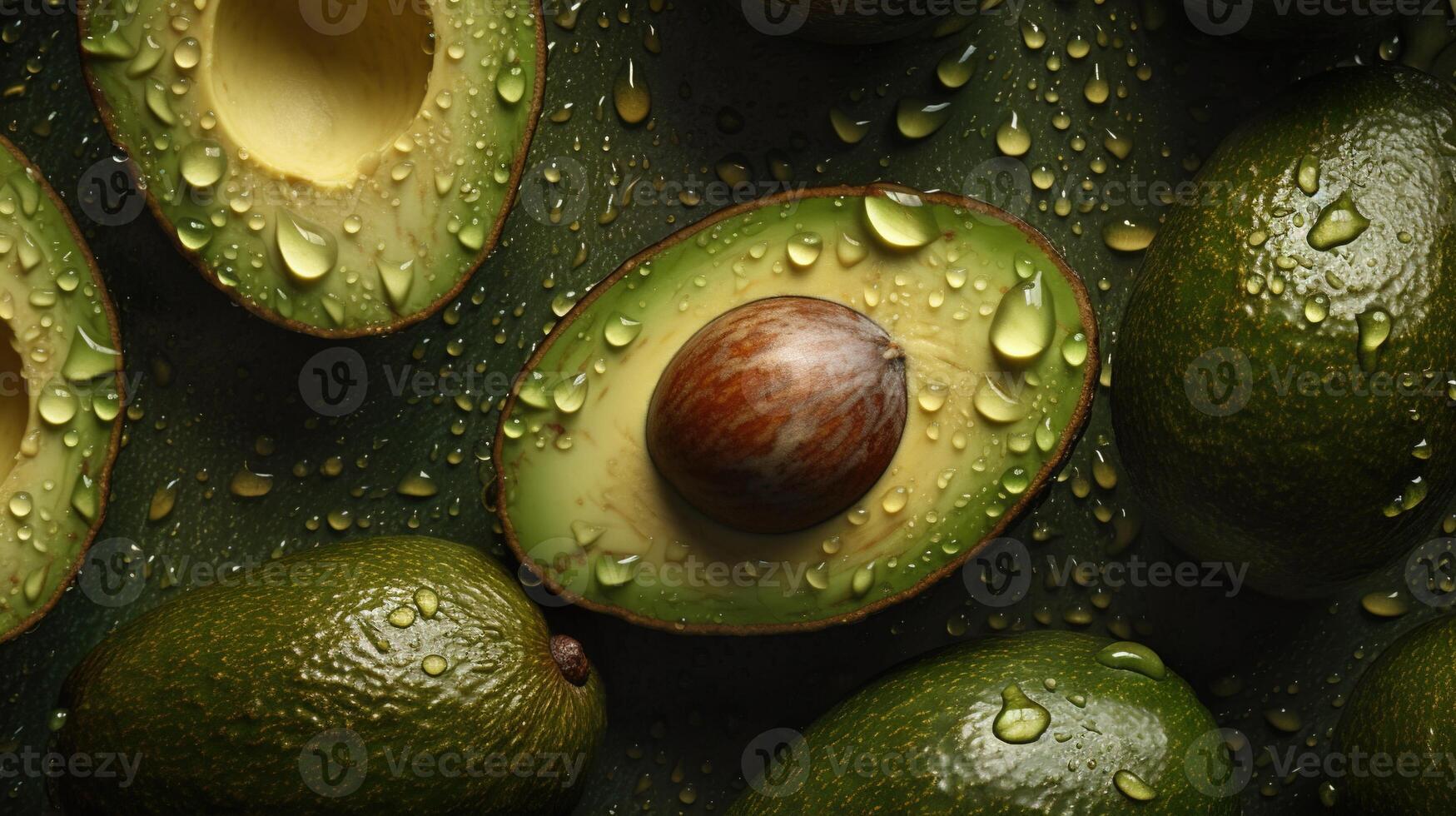 génératif ai, macro Frais juteux moitié et entier de vert Avocat fruit Contexte comme modèle. fermer photo avec gouttes de l'eau