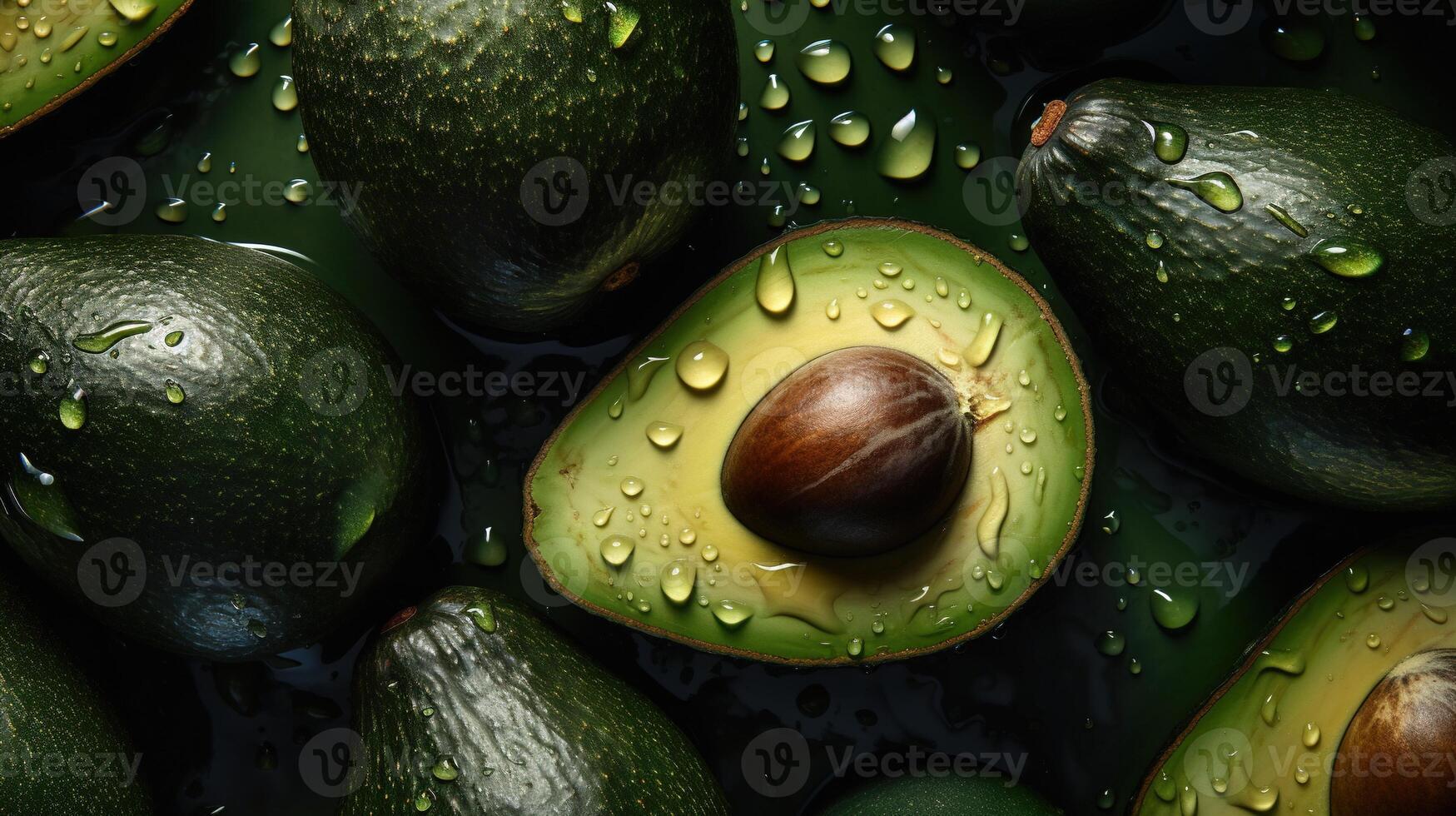 génératif ai, macro Frais juteux moitié et entier de vert Avocat fruit Contexte comme modèle. fermer photo avec gouttes de l'eau