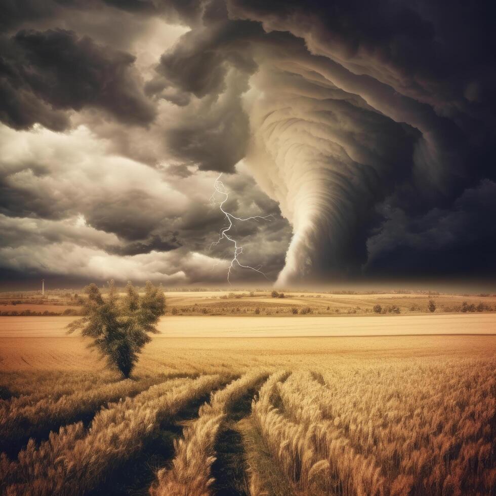 tornade fait rage par une champ. illustration ai génératif photo