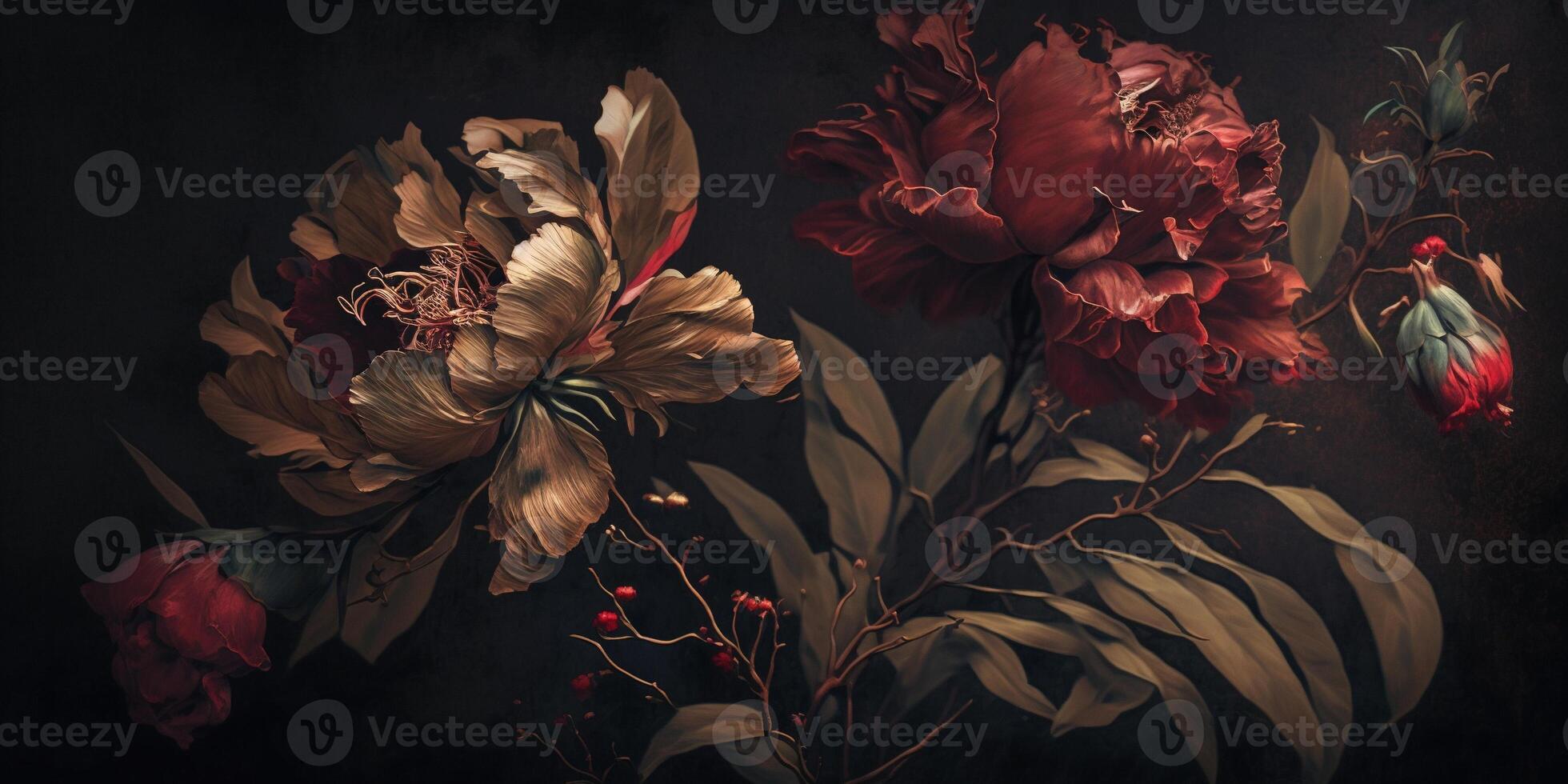 génératif ai, proche en haut de épanouissement parterres de fleurs de incroyable rouge Couleur fleurs sur foncé de mauvaise humeur floral texturé Contexte. photoréaliste effet.. photo