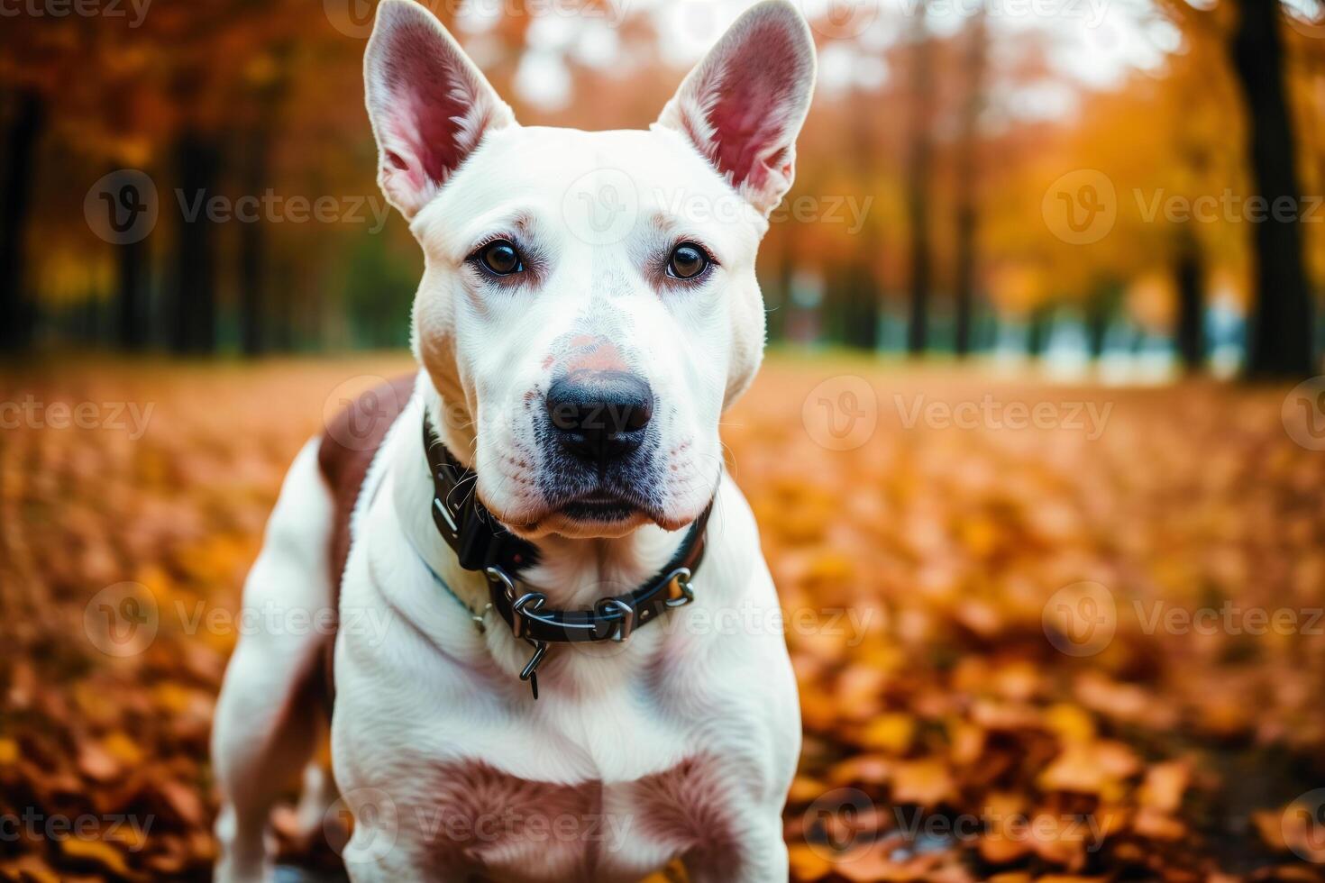 portrait de une blanc taureau terrier chien permanent dans le parc. génératif ai photo