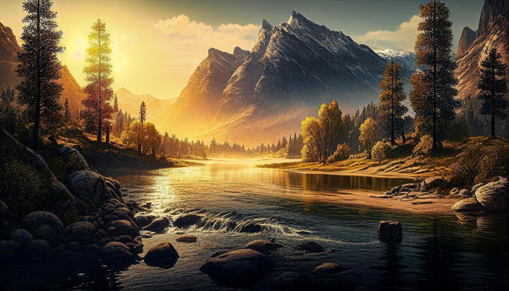 magnifique Montagne vue avec rivière dans de face et lumière du soleil brillant établi avec génératif ai La technologie photo