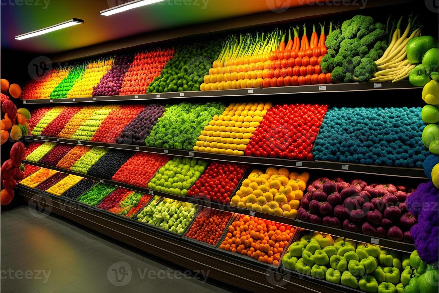 légume agriculteur marché compteur coloré divers Frais biologique en bonne santé des légumes à épicerie magasin. en bonne santé Naturel nourriture concept. génératif ai photo