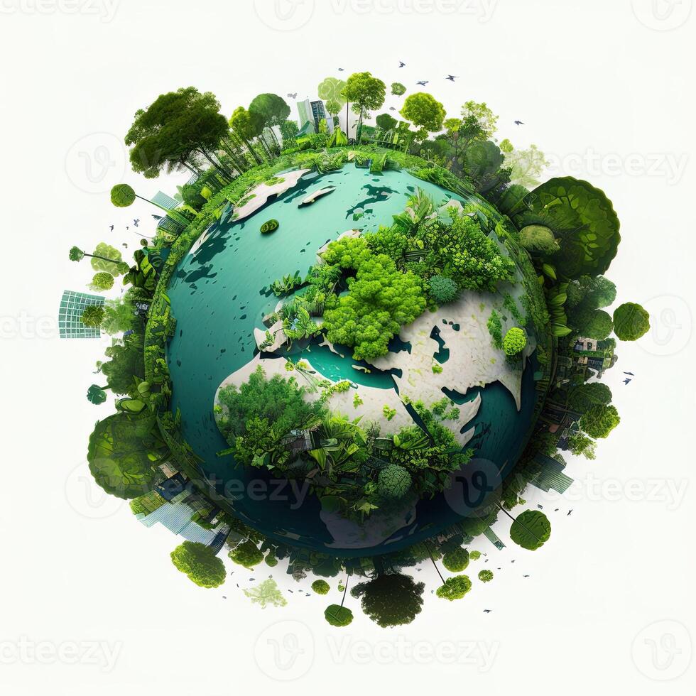 génératif ai une vert mini planète Terre, illustration de planète Terre avec une géant arbre. énergie économie, écologie et environnement durable Ressources préservation concept. photo