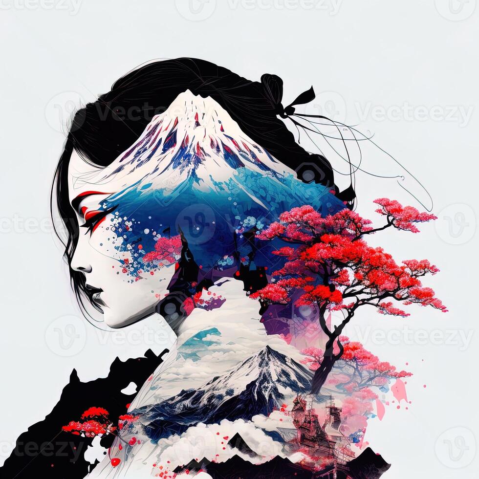 génératif ai double exposition de une magnifique geisha et monter Fuji avec pêche fleur et rivière. magnifique visage de asiatique femme sur blanc arrière-plan, image combiné avec nature, vert montagnes paysage photo