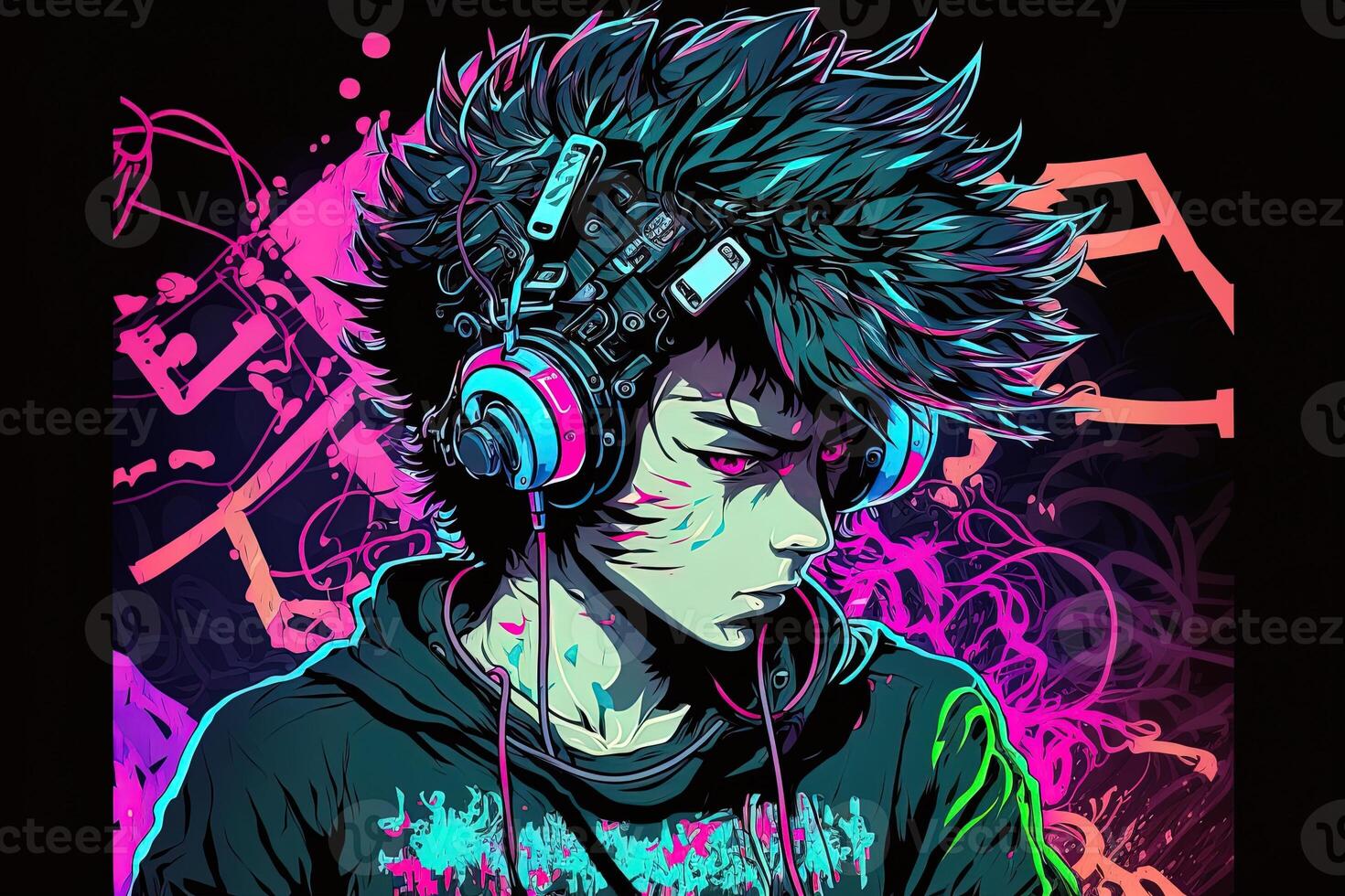 génératif ai un néon joueur anime mode garçon ou homme portant écouteurs, perdu dans le sien musique. abstrait Contexte cette évoque le sentiment de différent genres de musique. bannière la musique concept photo