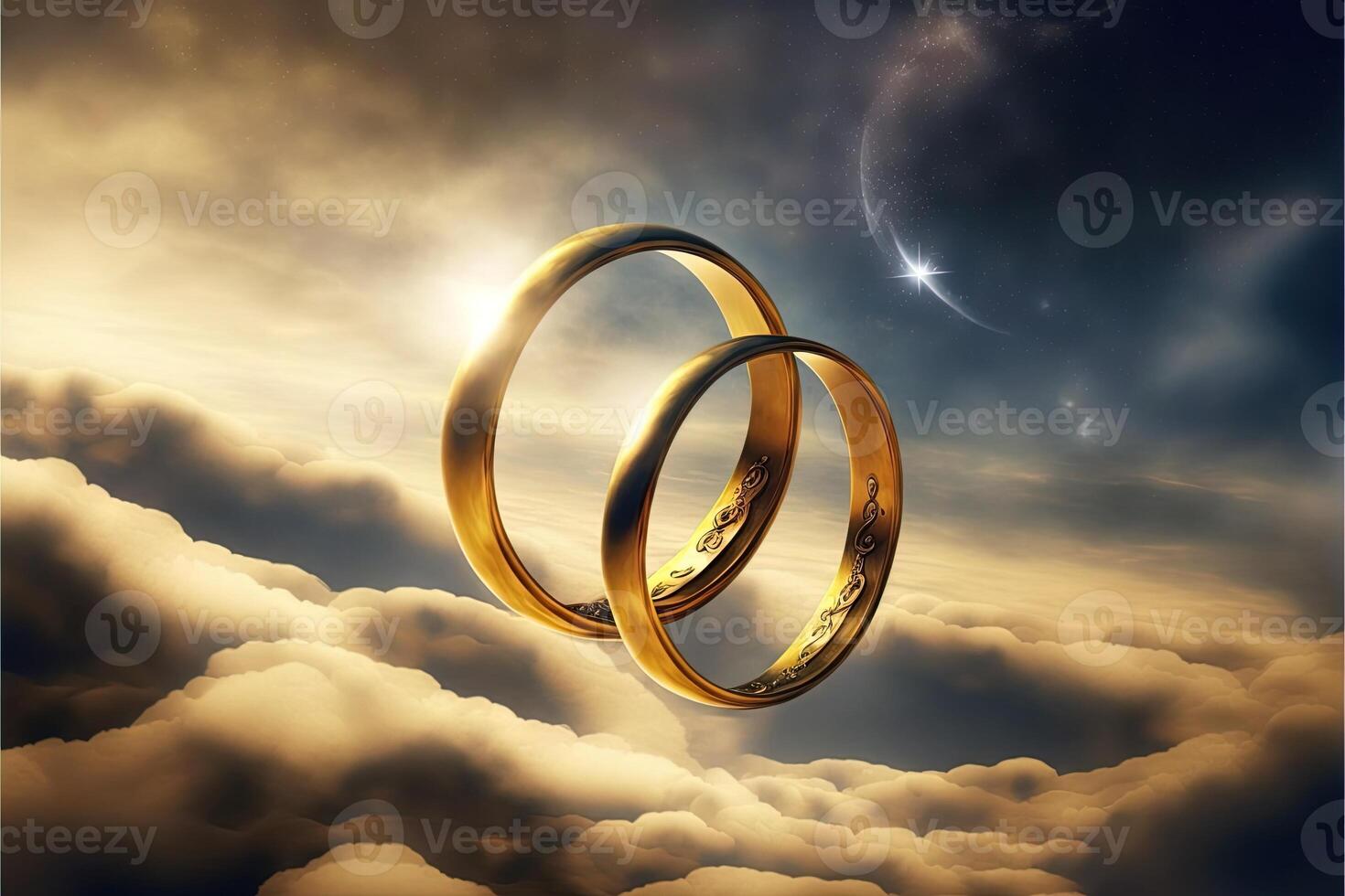 une paire de or mariage anneaux flottant dans le ciel. deux mariage anneaux flottant dans le des nuages avec une Soleil dans le Contexte et une bleu ciel avec des nuages au dessous de eux. génératif ai. mariage concept. photo