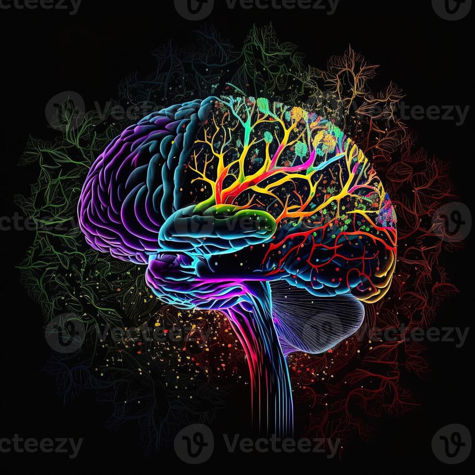génératif ai cerveau art nft néon et cyberpunk couleur, holographie, cosmique arrière-plan, embrasé numérique cerveau ai intelligence formant numérisé les neurones artificiel intelligence art algorithme. photo