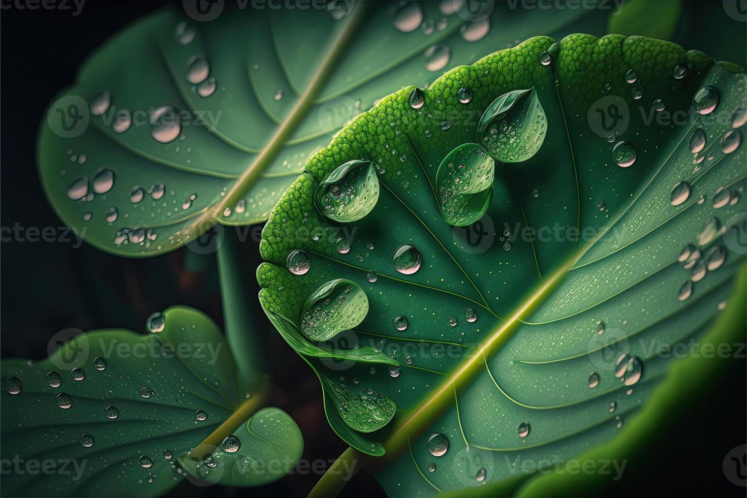 vert feuille Contexte proche en haut vue avec rosée gouttes sur feuilles. la nature feuillage abstrait de laisser texture pour montrant concept de vert affaires et écologie pour biologique verdure Contexte. génératif ai photo