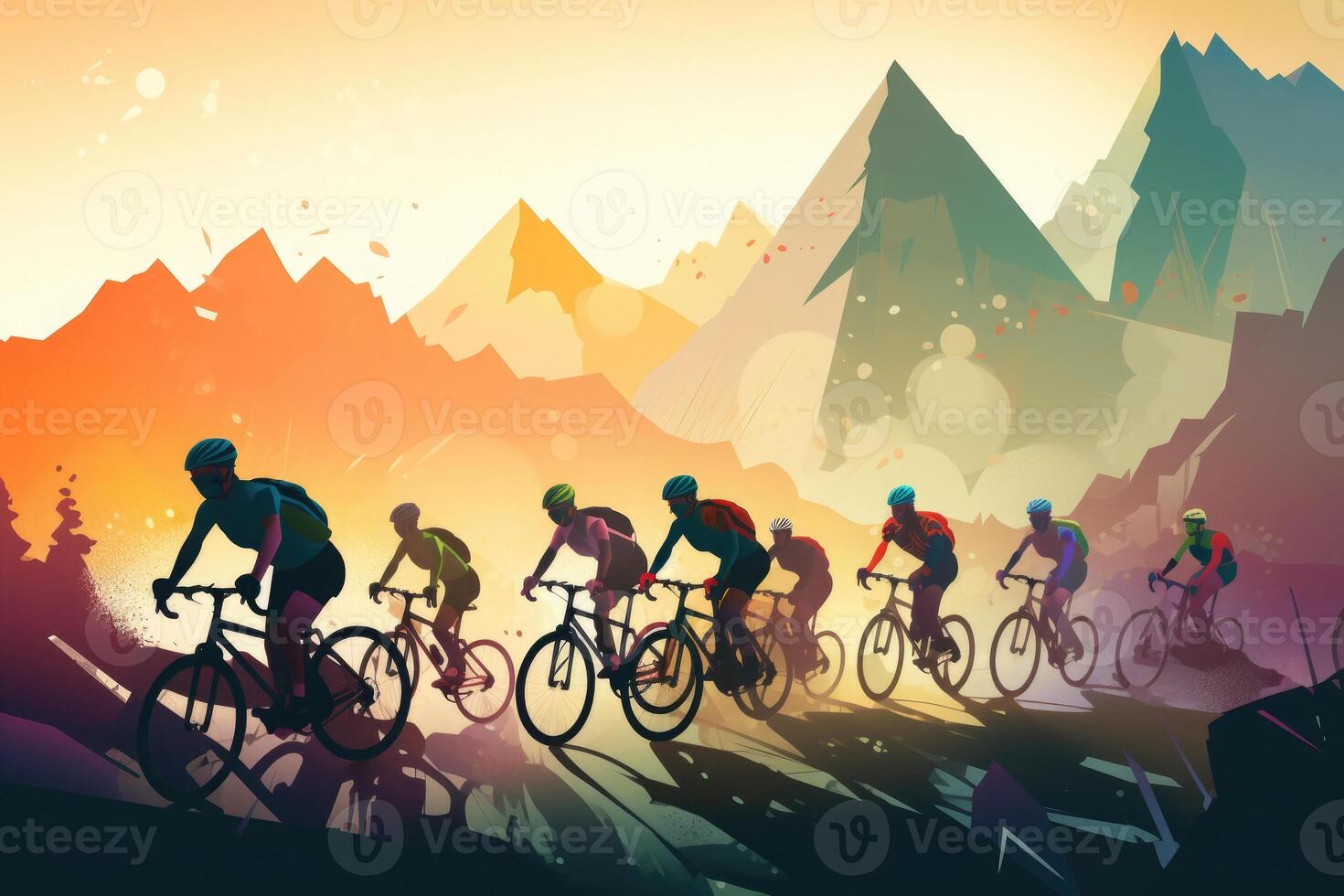 cyclistes équipe équitation sur Vélos, Couleur dessin. bicyclette course bannière. génératif ai photo