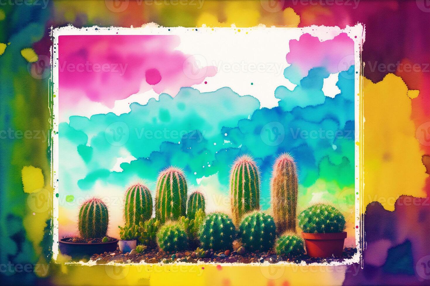 une coloré image de une variété de cactus. une coloré cactus peinture. aquarelle peindre. numérique art, génératif ai photo