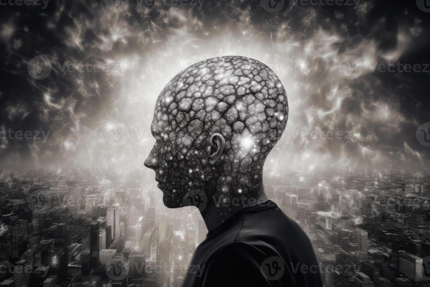 silhouette de homme tête avec neural Connexions dans cerveau. génératif ai photo