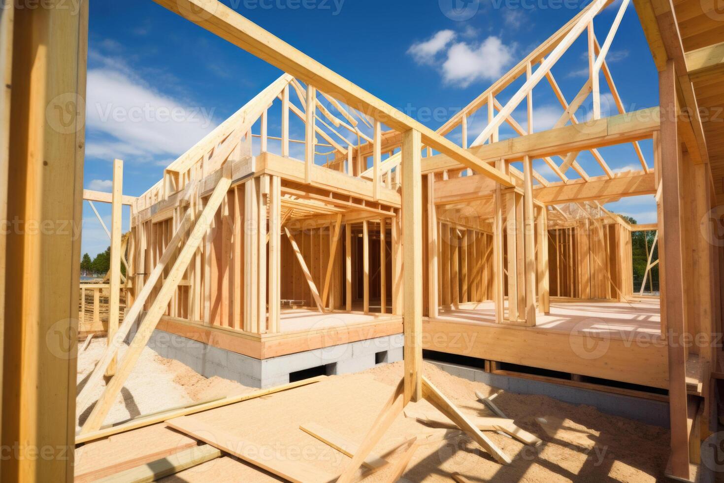 Nouveau maison construction. en bois Cadre avec charpente, Publier et poutres. génératif ai photo