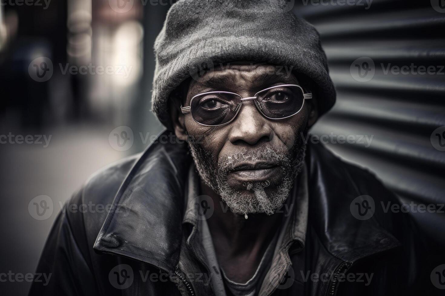 sans abri homme portrait. vieilli barbu homme. génératif ai photo