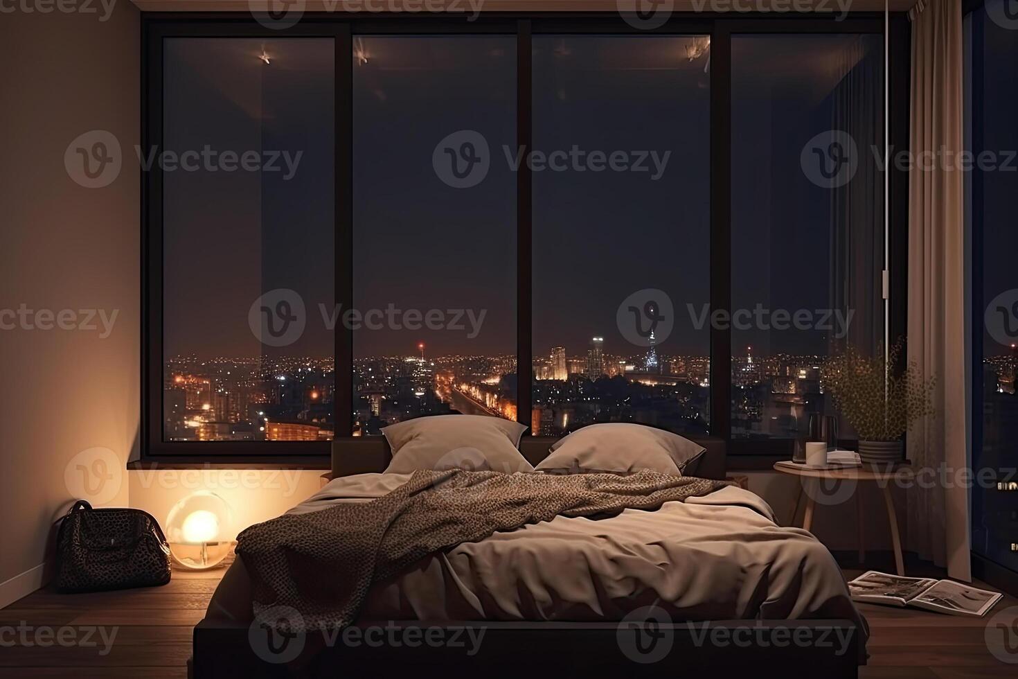 grand lit dans vivant pièce avec nuit ville vue dans la fenêtre. génératif ai photo