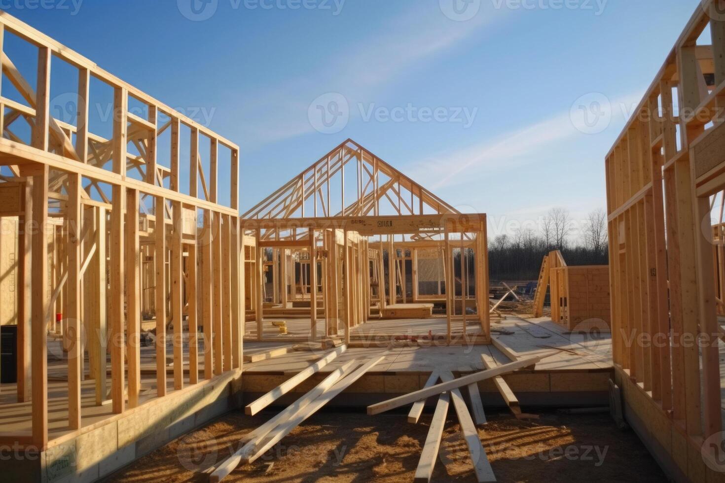 Nouveau maison construction. en bois Cadre avec charpente, Publier et poutres. génératif ai photo