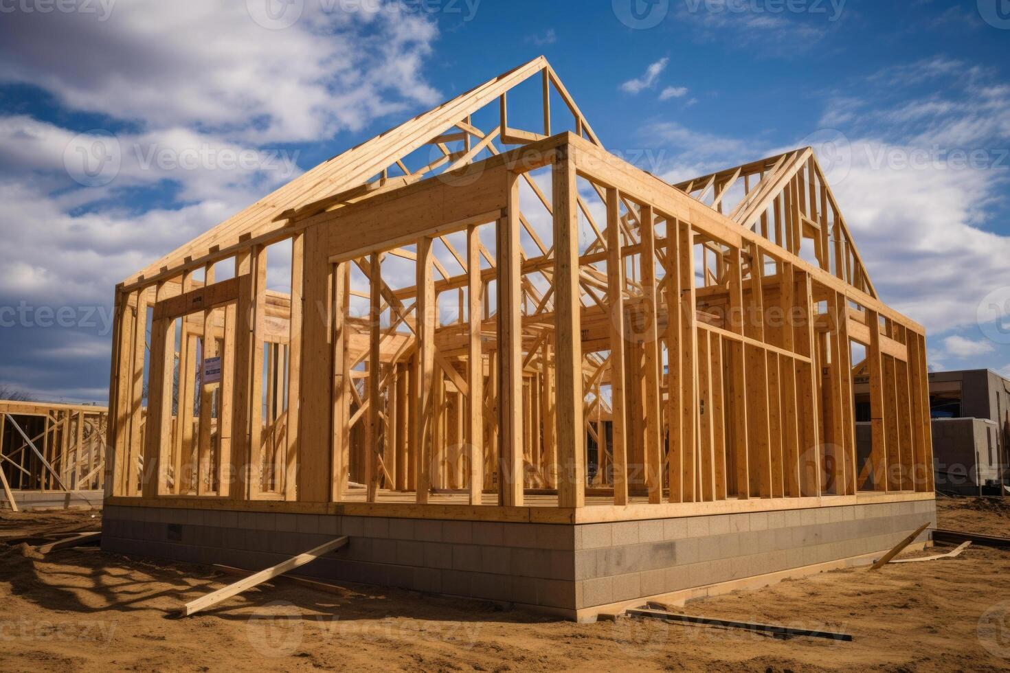 Nouveau maison construction. en bois Cadre avec charpente, Publier et poutres. génératif ai photo