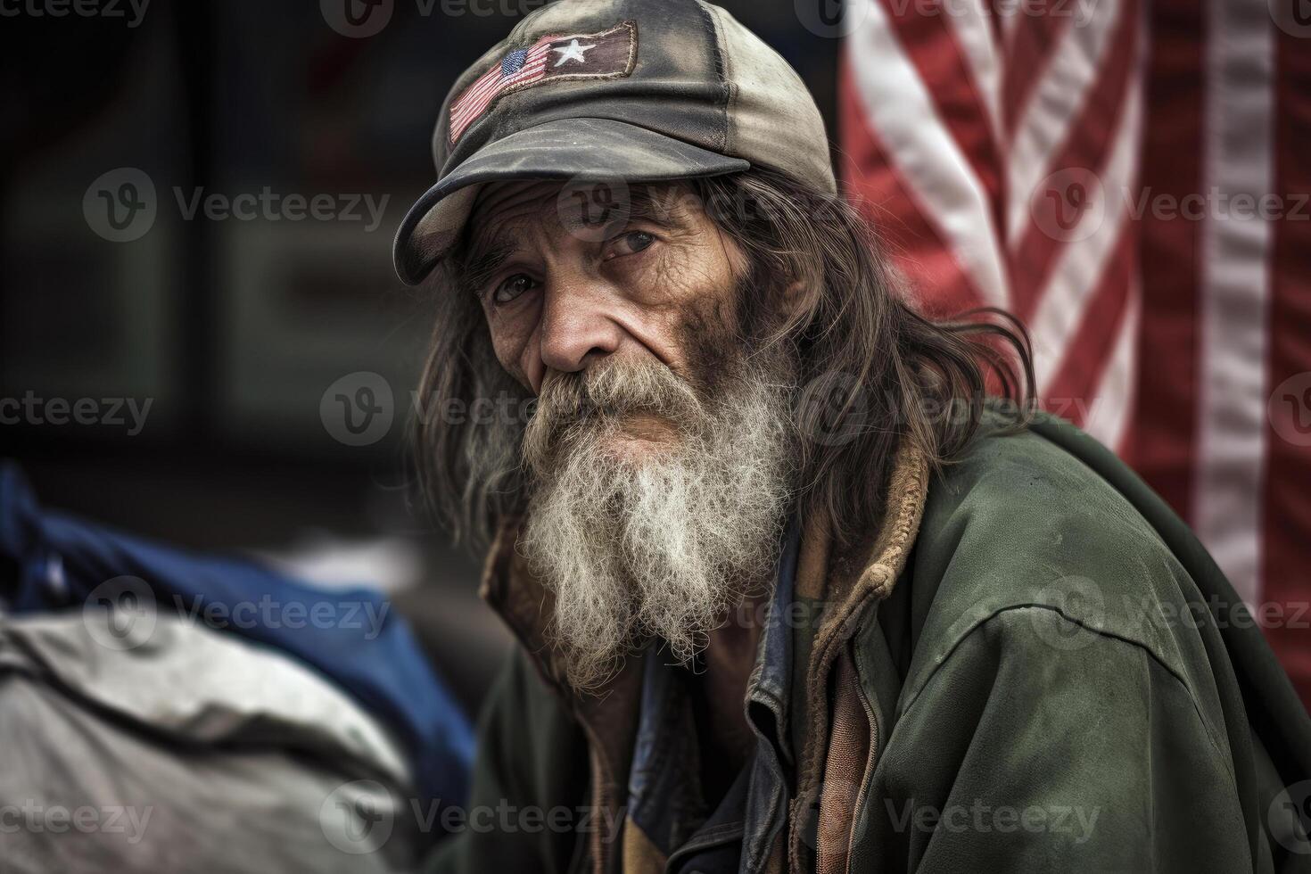 sans abri homme portrait. vieilli barbu homme. génératif ai photo