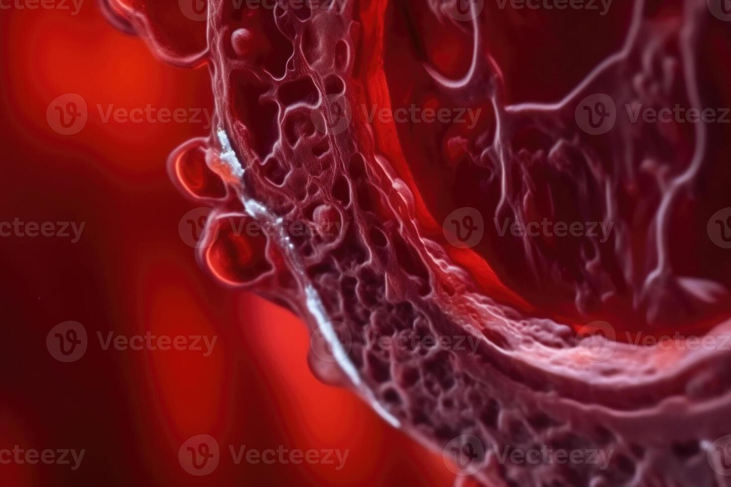 macro coup de rouge du sang cellules dans artère. génératif ai photo