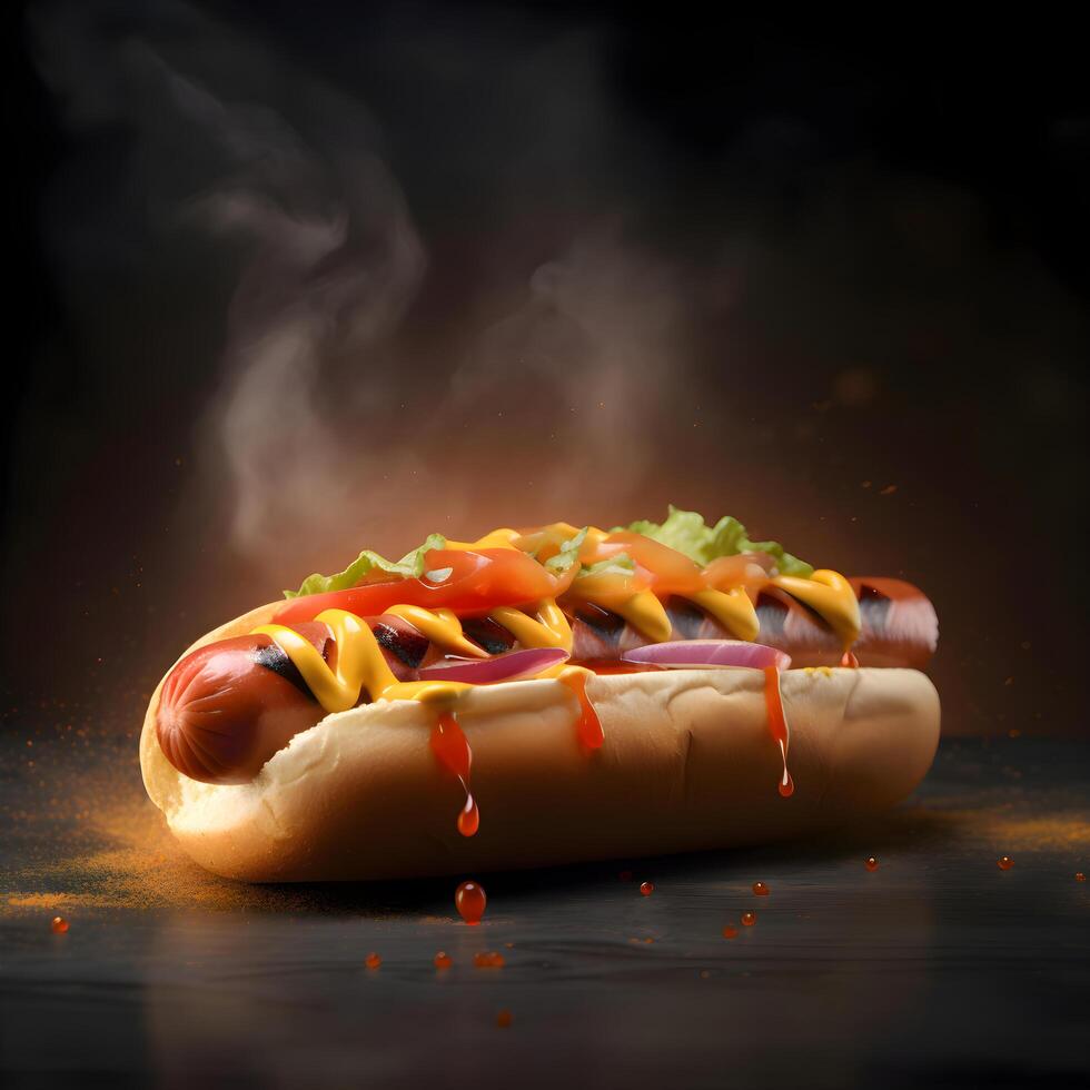 chaud chien avec moutarde et ketchup sur une noir Contexte avec fumée, ai génératif image photo