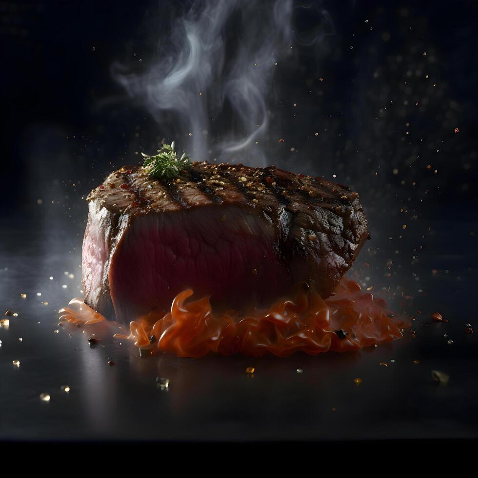 grillé steak avec rouge caviar sur une noir Contexte avec fumée, ai génératif image photo