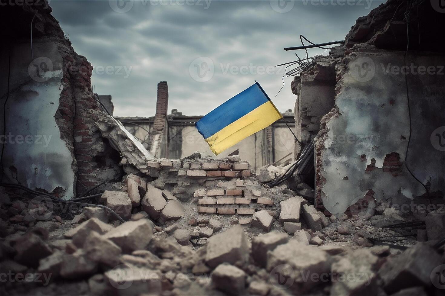 ukrainien drapeau sur libéré ruines de ville. guerre dans Ukraine, la victoire concept. génératif ai. photo