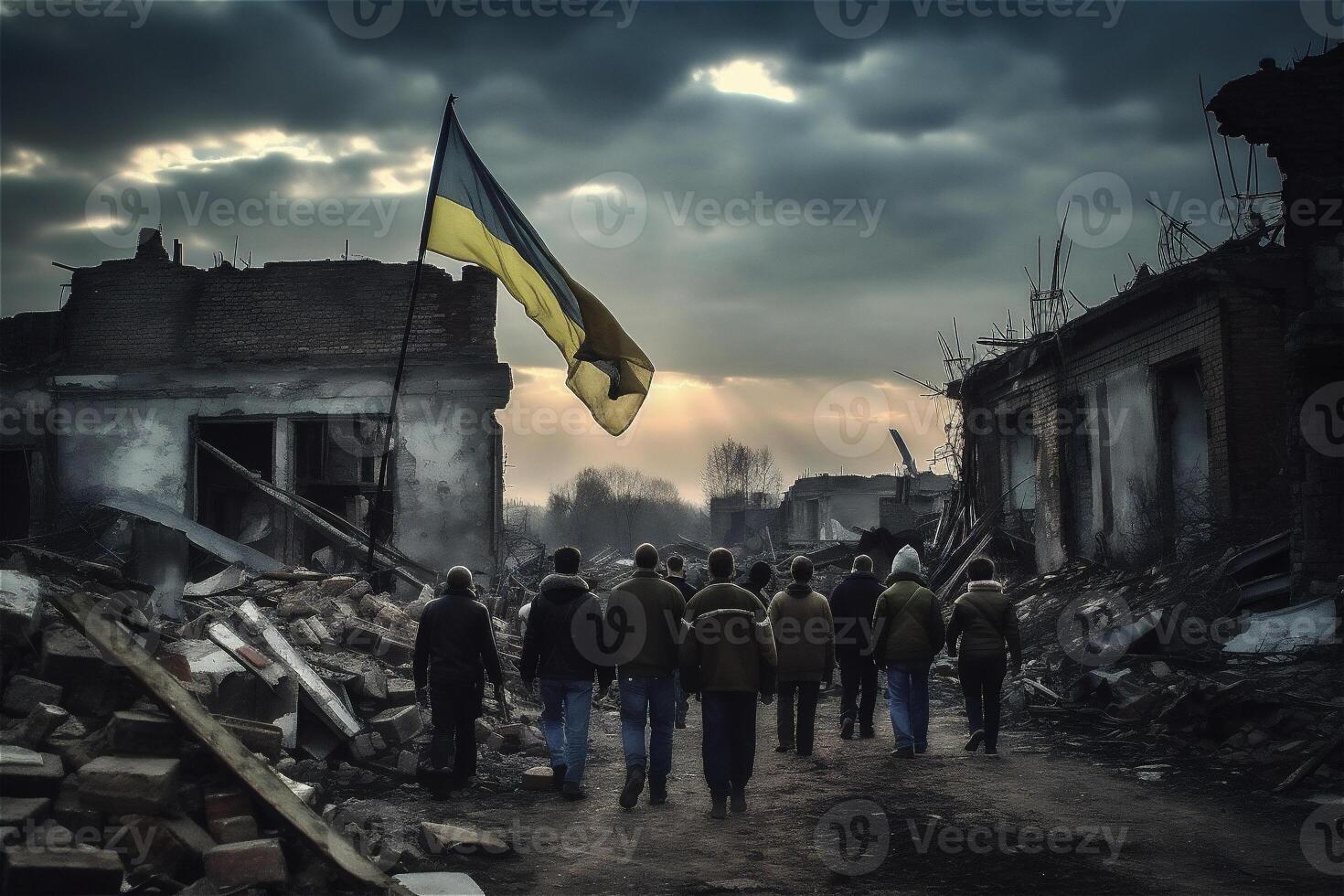 retour de foule gens avec ukrainien drapeaux sur libéré ruines ville. guerre dans Ukraine, la victoire concept. génératif ai. photo