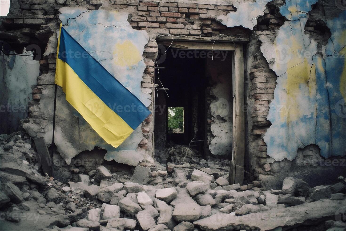 ukrainien drapeau sur libéré ruines de ville. guerre dans Ukraine, la victoire concept. génératif ai. photo