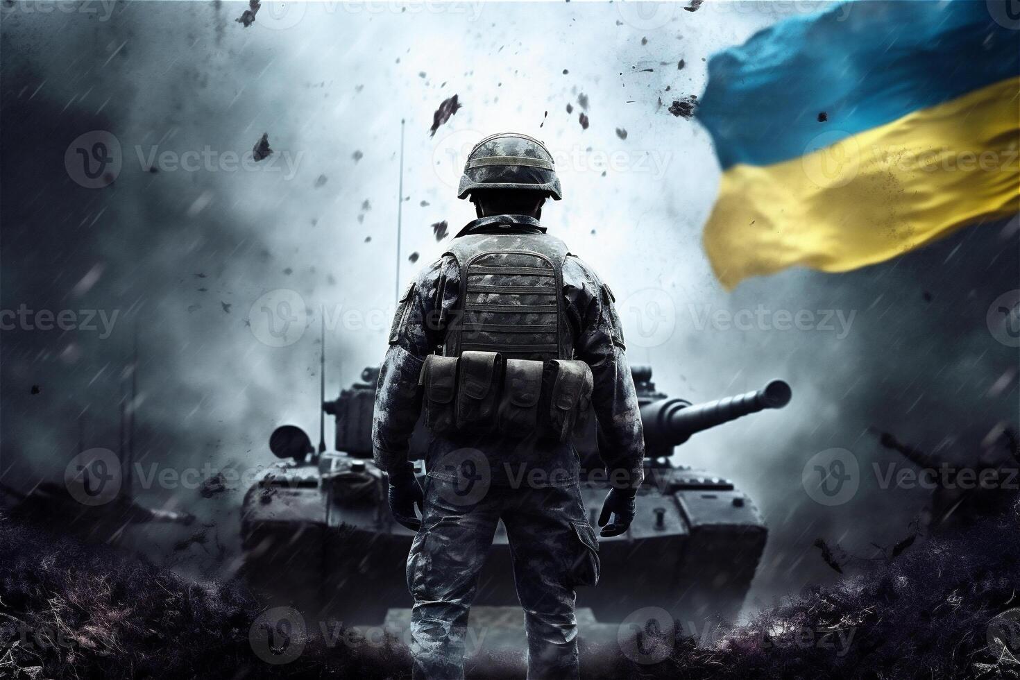 retour de soldat contre ukrainien drapeau et réservoir dans ruiné ville. guerre dans Ukraine concept. génératif ai. photo