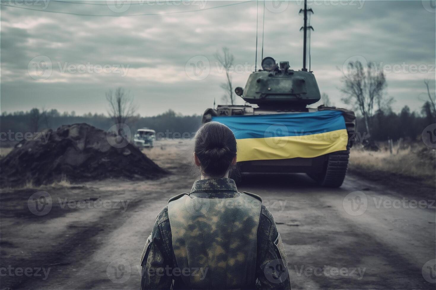 retour de femelle soldat contre ukrainien drapeau et réservoir. femme dans guerre Ukraine concept. génératif ai. photo