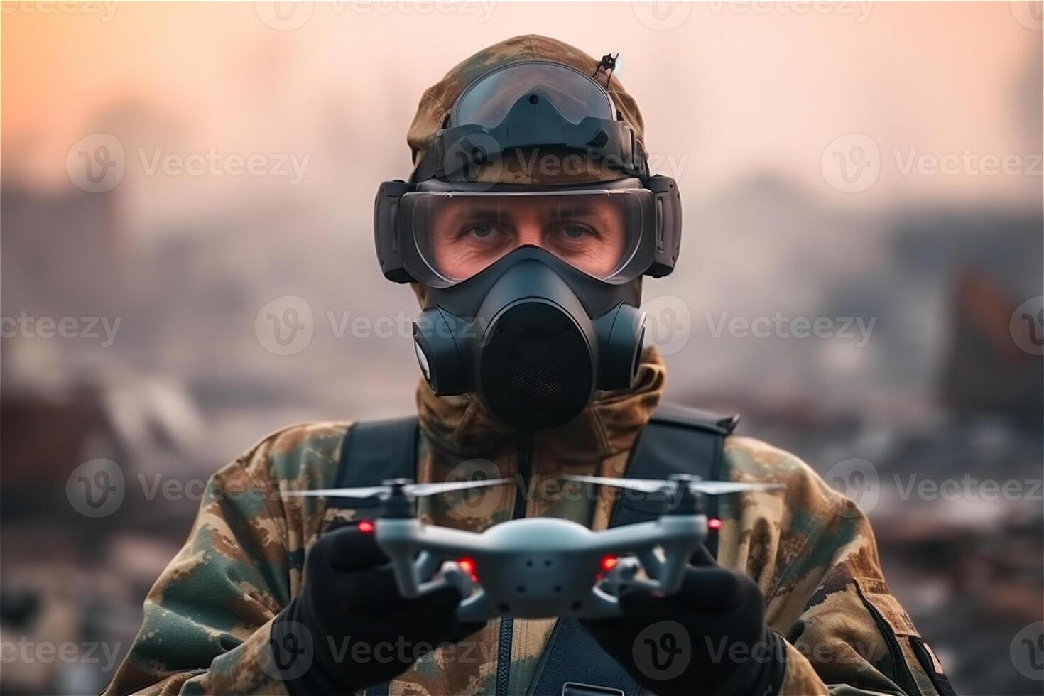 portrait de soldat dans gaz masque tenir drone à mains. génératif ai. photo