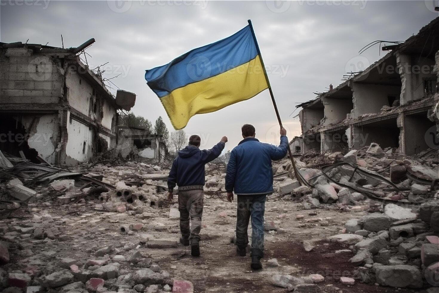 retour de deux Hommes avec ukrainien drapeaux sur libéré ruines ville. guerre dans Ukraine, la victoire concept. génératif ai. photo