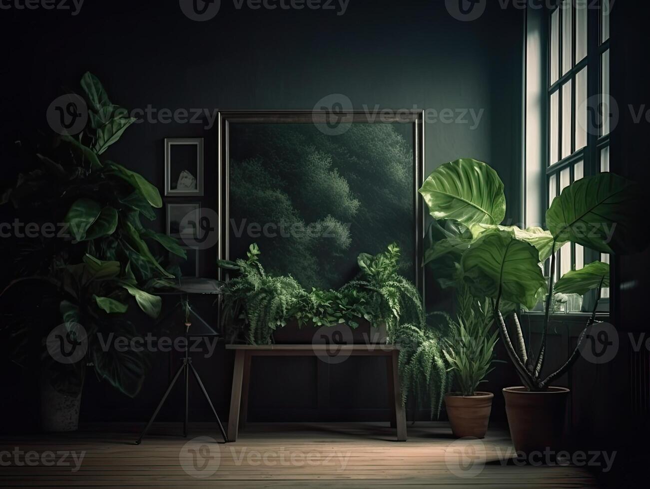 une vert mur avec fleurs et les plantes derrière une Vide cadre, dans le style de affiche, intérieur scènes, photobashing, écologiquement inspiré, Hinchel ou, d'inspiration industrielle, illustration génératif ai photo