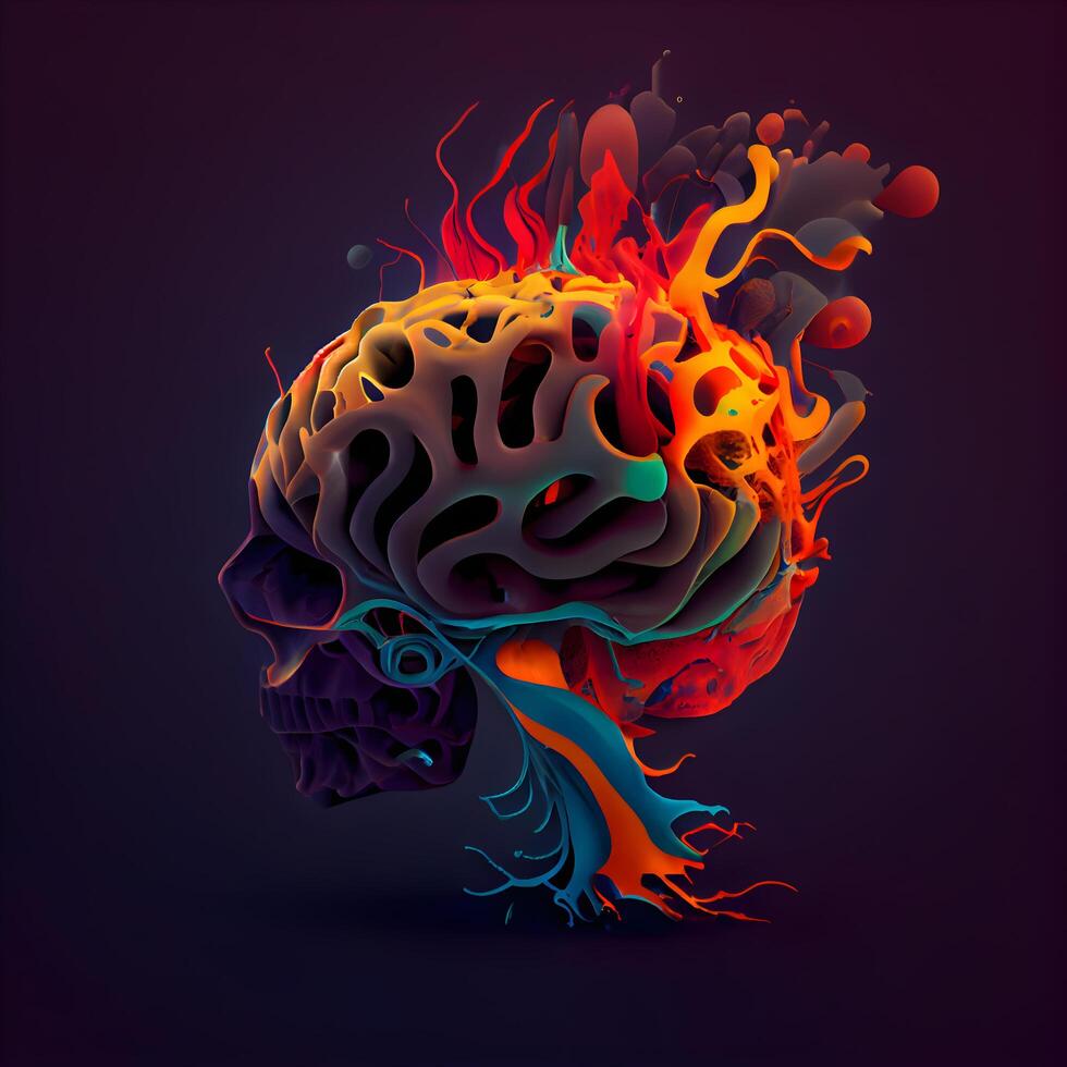 Humain crâne avec cerveau et coloré Feu sur foncé Contexte. illustration., ai génératif image photo