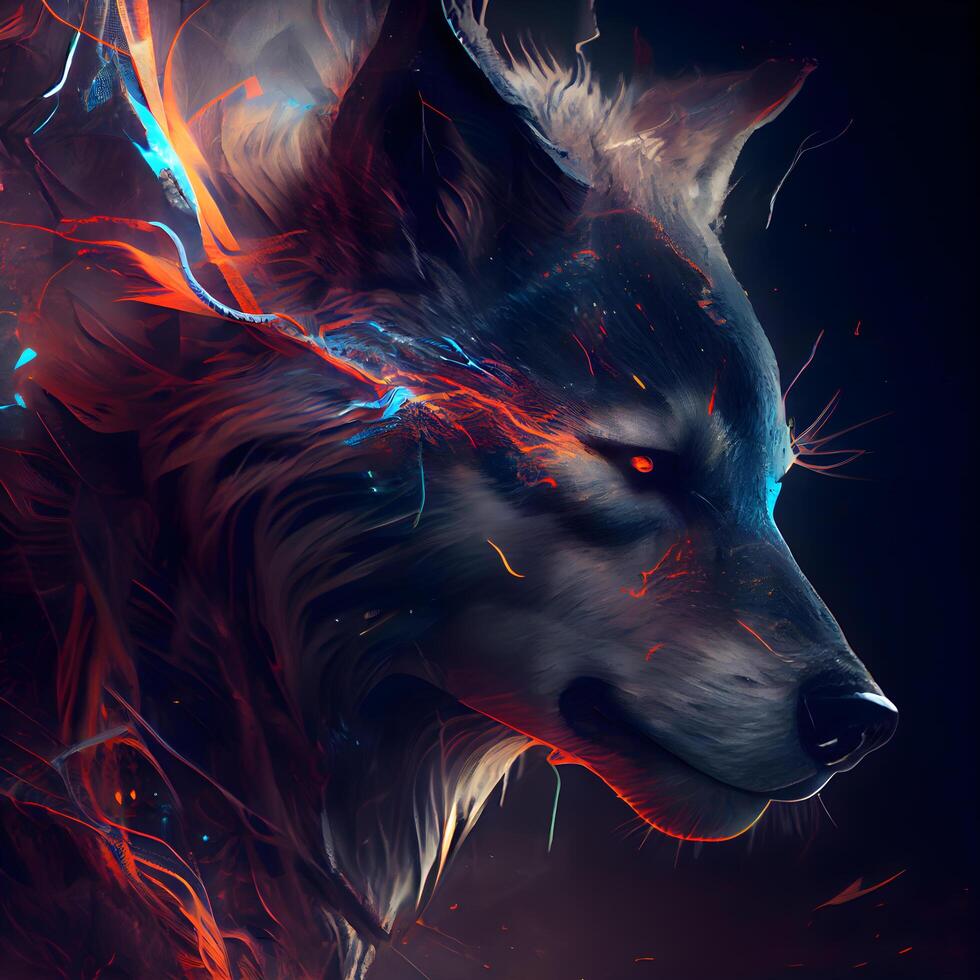 portrait de une Loup avec Feu et flammes dans le arrière-plan., ai génératif image photo
