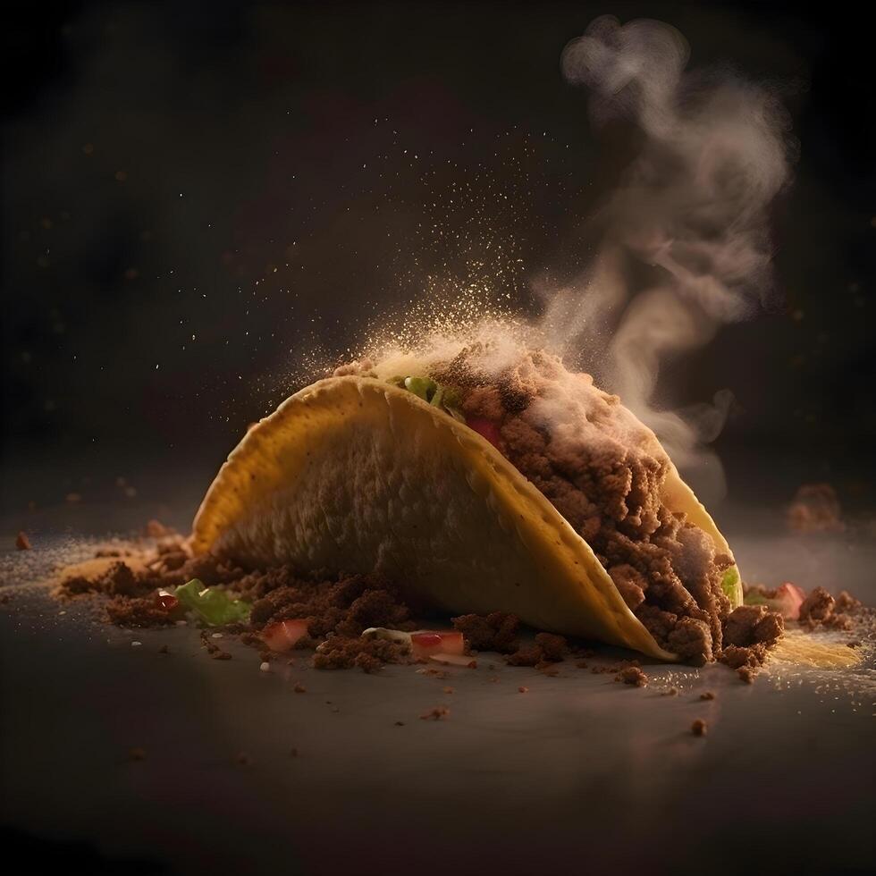 tacos avec Viande et des légumes sur une noir Contexte avec fumée, ai génératif image photo