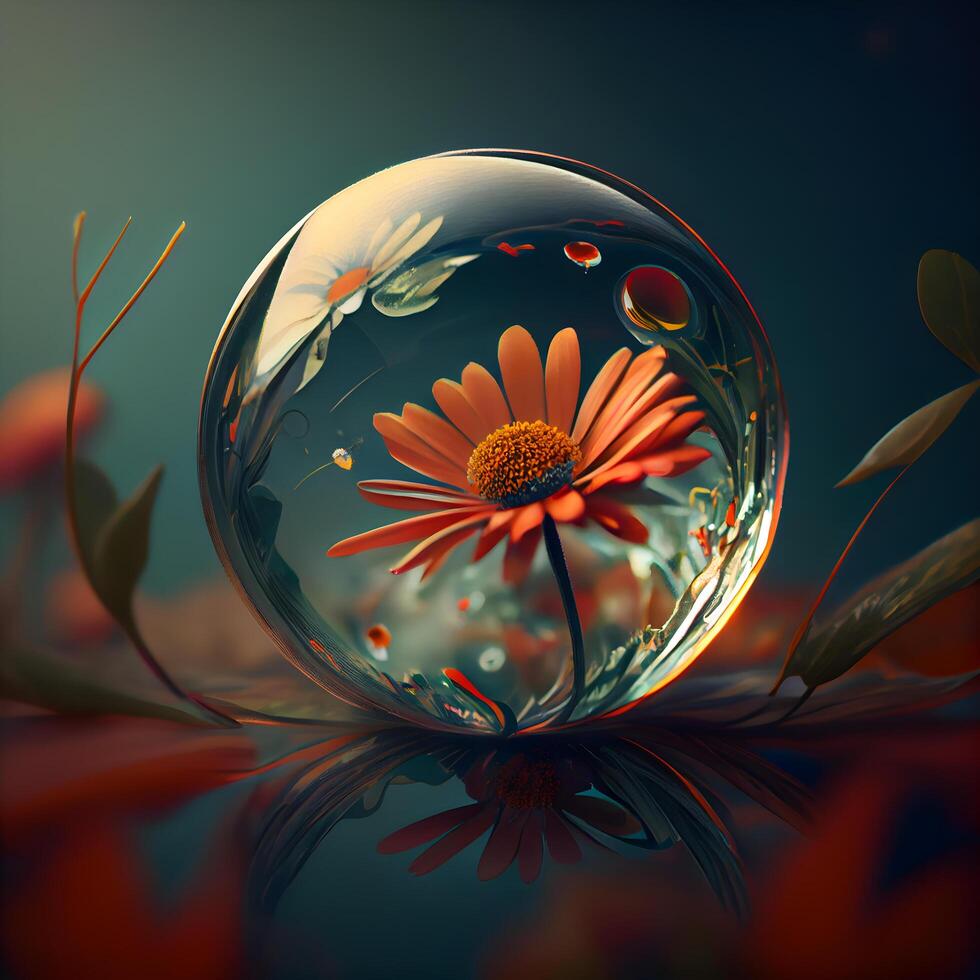 magnifique fleur dans une verre Balle avec réflexion sur une foncé arrière-plan, ai génératif image photo