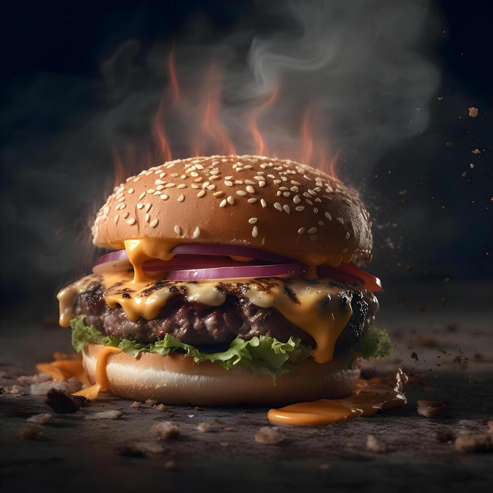 Burger avec en volant Ingrédients sur une noir Contexte. concept de vite nourriture., ai génératif image photo