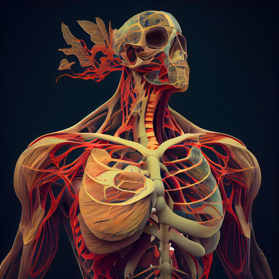 Humain squelette anatomie avec muscles et circulatoire système fabriqué dans 3d logiciel, ai génératif image photo