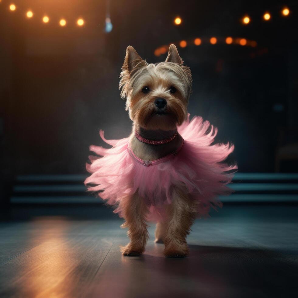 Yorkshire terrier chien dans une lumière rose ballet jupe est dansant comme une ballerine,, illustration ai génératif photo