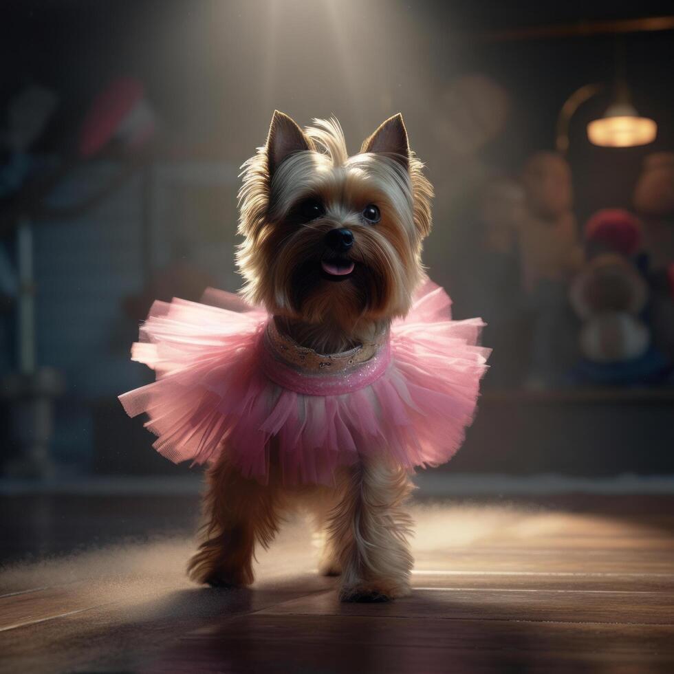 Yorkshire terrier chien dans une lumière rose ballet jupe est dansant comme une ballerine,, illustration ai génératif photo