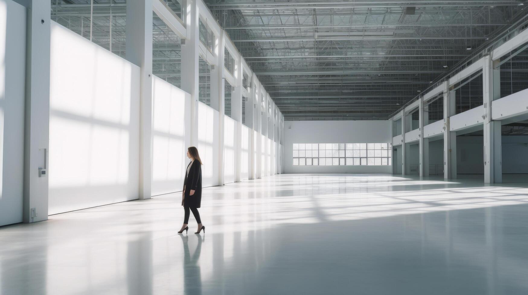 femme d'affaires en marchant dans vide exposition salle. illustration ai génératif photo