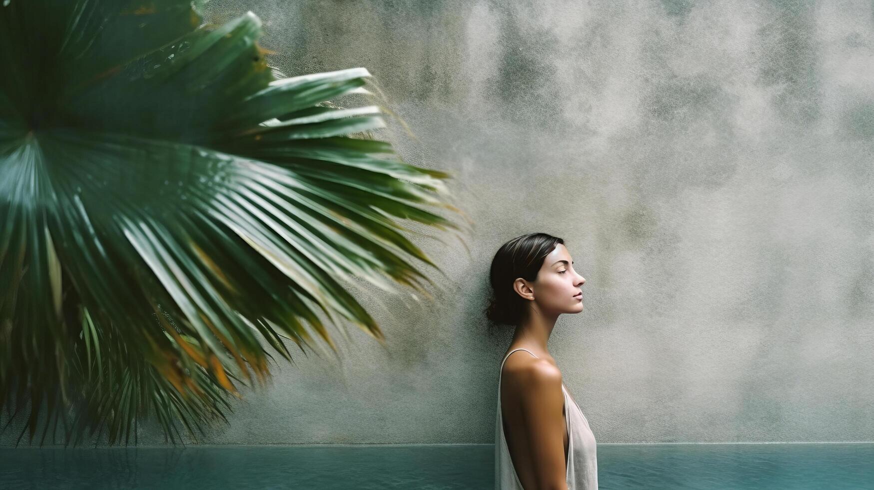 femme penché sur une gris béton mur. illustration ai génératif photo