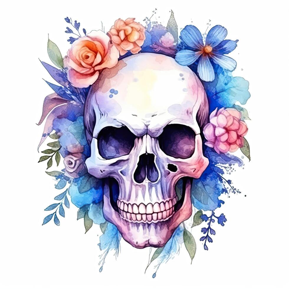 aquarelle crâne avec fleurs. illustration ai génératif photo